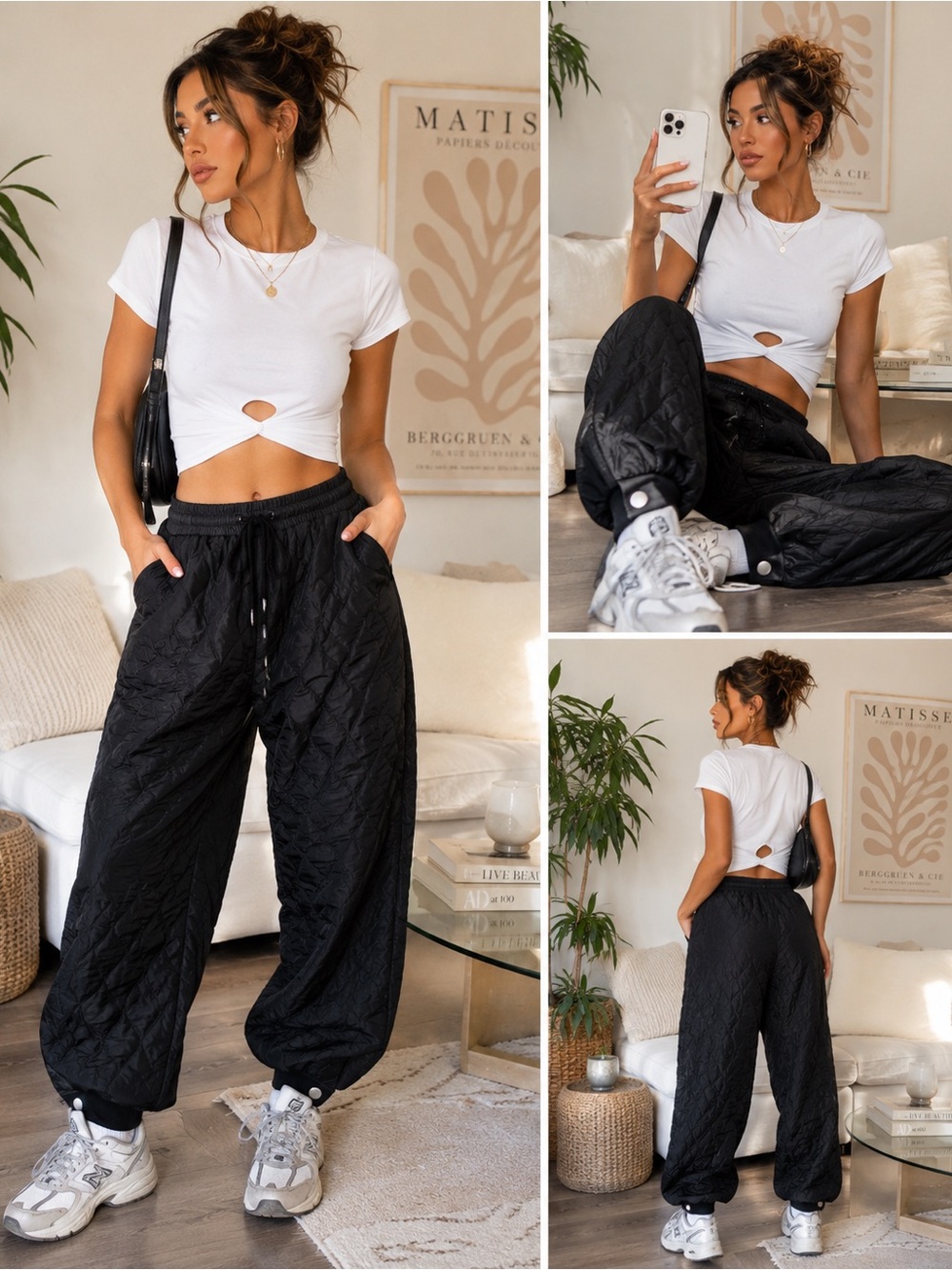 Sandy Liang Black Quilted Jogger Pants XS Snap Cuff Drawstring Cozy Streetwear